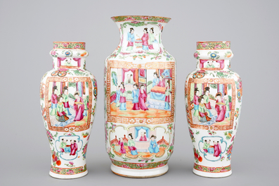 A set of three Chinese Canton rose medallion vases, ca. 1850