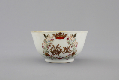 A Chinese porcelain famille rose and gilt armorial monogrammed teapot with a cup and saucer, 18th C.