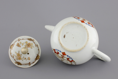A Chinese porcelain famille rose and gilt armorial monogrammed teapot with a cup and saucer, 18th C.