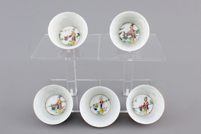 A set of five Chinese famille rose cups and six saucers, Yongzheng-Qianlong, 18th C.