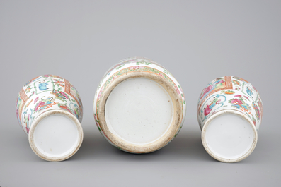 A set of three Chinese Canton rose medallion vases, ca. 1850