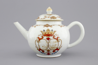 A Chinese porcelain famille rose and gilt armorial monogrammed teapot with a cup and saucer, 18th C.