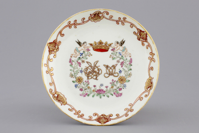 A Chinese porcelain famille rose and gilt armorial monogrammed teapot with a cup and saucer, 18th C.