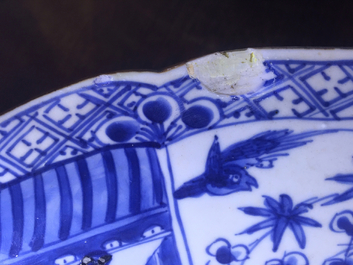 A very large blue and white Chinese dish with ladies in a garden, Kangxi, ca. 1700