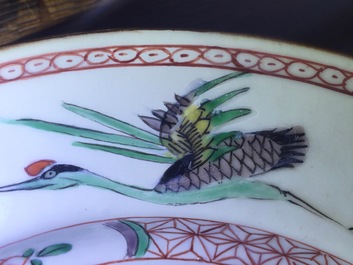 A pair of Chinese famille verte porcelain plates with deers and cranes, Kangxi, ca. 1700