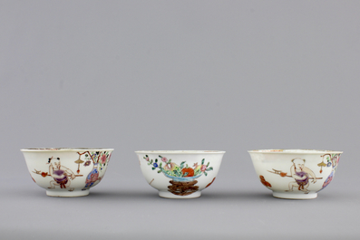 A set of three fine Chinese famille rose cups and two saucers, Yongzheng, and a Chinese Imari teapot, 18th C.