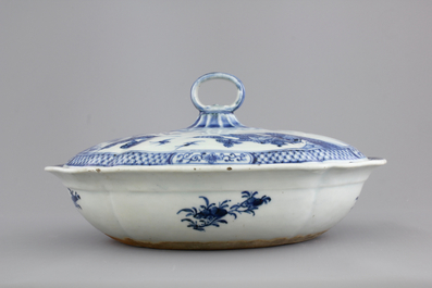 A fine Chinese blue and white lozenge-shaped tureen and cover with a seaside landscape, Qianlong, 18th C.