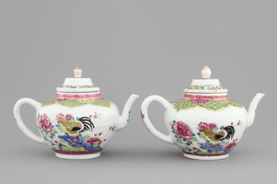 A pair of Chinese porcelain famille rose teapots with cockerels, Yongzheng, 1722-1735