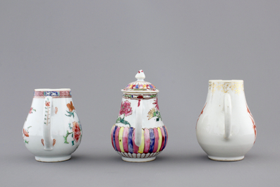 Three Chinese famille rose porcelain cream jugs, one armorial, Qianlong, 18th C.