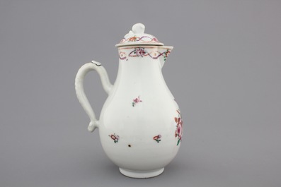 Two Chinese famille rose export cups and saucers and a cream jug with cover, Qianlong, 18th C.
