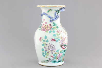 A Chinese porcelain famille rose vase with dragons, 19th C.