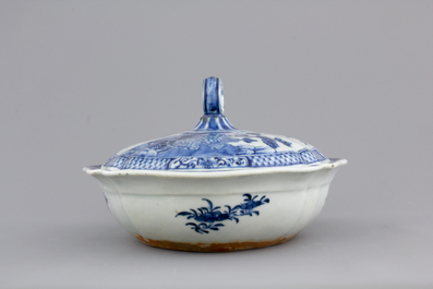 A fine Chinese blue and white lozenge-shaped tureen and cover with a seaside landscape, Qianlong, 18th C.