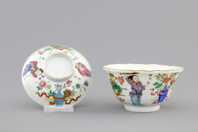 A large Chinese famille rose &ldquo;Wu Shuang Pu&rdquo; bowl, cover and saucer, Daoguang, 19th C.