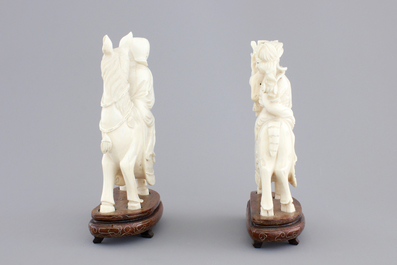 Two carved ivory figures of Chinese immortals on deers, ca. 1920