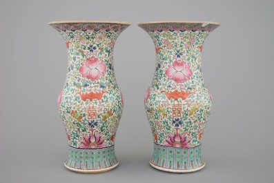 A pair of Chinese famille rose yenyen vases, 19th C.