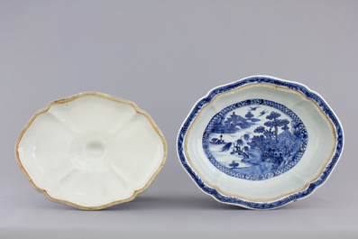 A fine Chinese blue and white lozenge-shaped tureen and cover with a seaside landscape, Qianlong, 18th C.