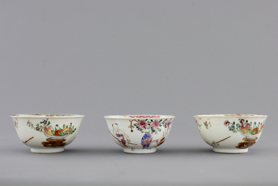 A set of three fine Chinese famille rose cups and two saucers, Yongzheng, and a Chinese Imari teapot, 18th C.