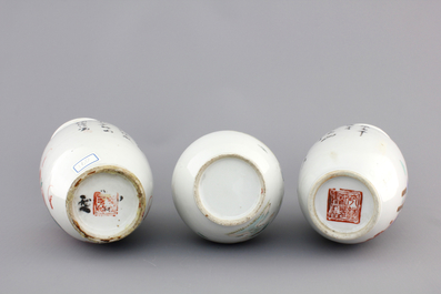 Three Chinese famille rose porcelain vases, 19th C.