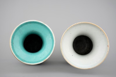 Two fine tall Chinese famille rose vases with birds, 19th C.