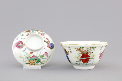 A large Chinese famille rose &ldquo;Wu Shuang Pu&rdquo; bowl, cover and saucer, Daoguang, 19th C.