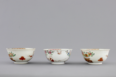 A set of three fine Chinese famille rose cups and two saucers, Yongzheng, and a Chinese Imari teapot, 18th C.