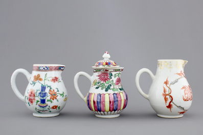 Three Chinese famille rose porcelain cream jugs, one armorial, Qianlong, 18th C.