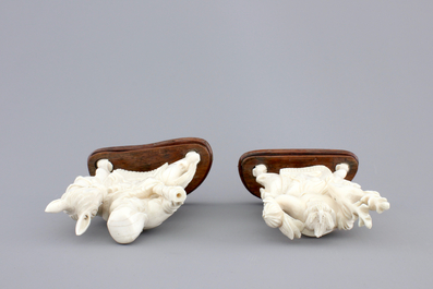 Two carved ivory figures of Chinese immortals on deers, ca. 1920