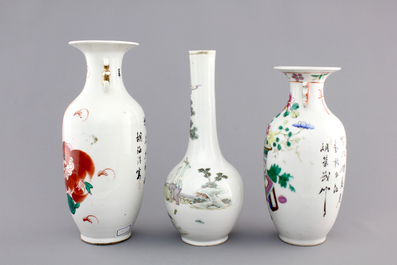 Three Chinese famille rose porcelain vases, 19th C.