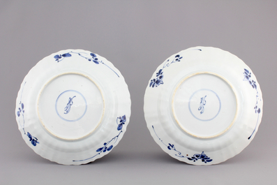 A pair of lotus-shaped moulded blue and white plates, Kangxi, ca. 1700