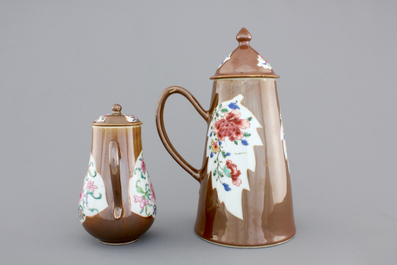 A Chinese famille rose Batavian ware chocolate pot and cream jug, Qianlong, 18th C.