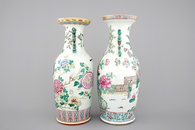 Two fine tall Chinese famille rose vases with birds, 19th C.