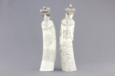 Two Chinese ivory carved figures of the emperor couple, ca. 1920