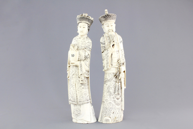 Two Chinese ivory carved figures of the emperor couple, ca. 1920