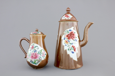 A Chinese famille rose Batavian ware chocolate pot and cream jug, Qianlong, 18th C.