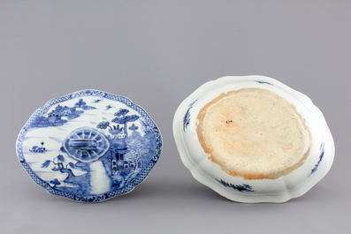 A fine Chinese blue and white lozenge-shaped tureen and cover with a seaside landscape, Qianlong, 18th C.