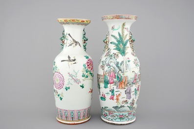 Two fine tall Chinese famille rose vases with birds, 19th C.
