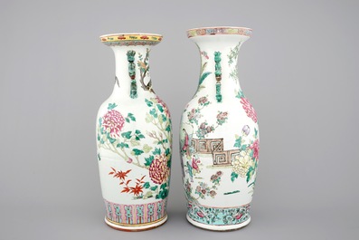Two fine tall Chinese famille rose vases with birds, 19th C.