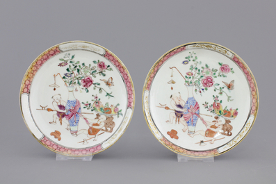 A set of three fine Chinese famille rose cups and two saucers, Yongzheng, and a Chinese Imari teapot, 18th C.