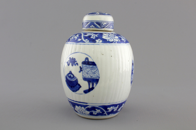 A blue and white Chinese porcelain ribbled ginger jar and cover, Kangxi, ca. 1700