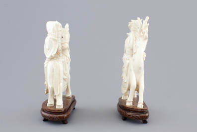 Two carved ivory figures of Chinese immortals on deers, ca. 1920