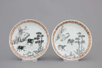 Two fine Chinese grisaille, gilt and iron-red cups and saucers and a small teapot, Yongzheng-Qianlong, 18th C.