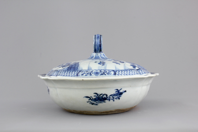 A fine Chinese blue and white lozenge-shaped tureen and cover with a seaside landscape, Qianlong, 18th C.