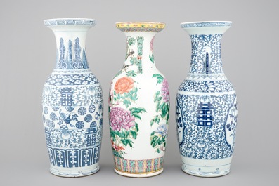 3 tall Chinese famille rose and blue &amp; white vases, 19th C.
