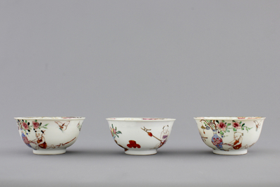 A set of three fine Chinese famille rose cups and two saucers, Yongzheng, and a Chinese Imari teapot, 18th C.