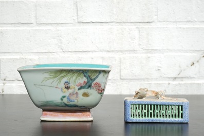 A Chinese famille rose square bowl and reticulated box, 19/20th C.