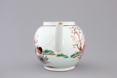 A Chinese famille rose export porcelain teapot and saucer with European subjects, Qianlong, 18th C.