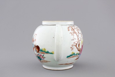 A Chinese famille rose export porcelain teapot and saucer with European subjects, Qianlong, 18th C.