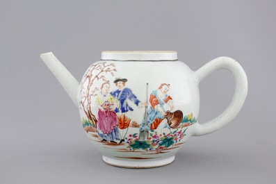 A Chinese famille rose export porcelain teapot and saucer with European subjects, Qianlong, 18th C.