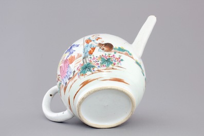 A Chinese famille rose export porcelain teapot and saucer with European subjects, Qianlong, 18th C.