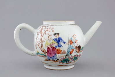 A Chinese famille rose export porcelain teapot and saucer with European subjects, Qianlong, 18th C.